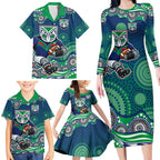 New Zealand Warriors Family Matching Long Sleeve Bodycon Dress and Hawaiian Shirt Aboriginal Dot Pattern - Rugby Mascot Heritage Pride