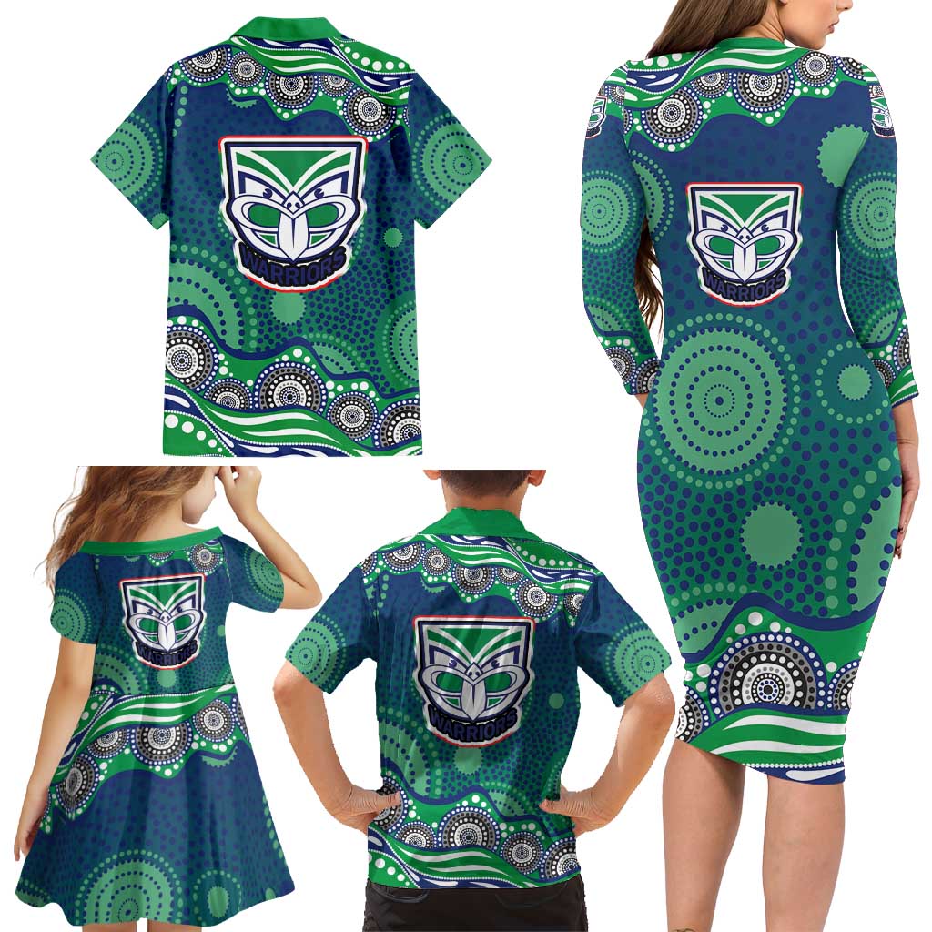 New Zealand Warriors Family Matching Long Sleeve Bodycon Dress and Hawaiian Shirt Aboriginal Dot Pattern - Rugby Mascot Heritage Pride