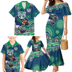 New Zealand Warriors Family Matching Mermaid Dress and Hawaiian Shirt Aboriginal Dot Pattern - Rugby Mascot Heritage Pride