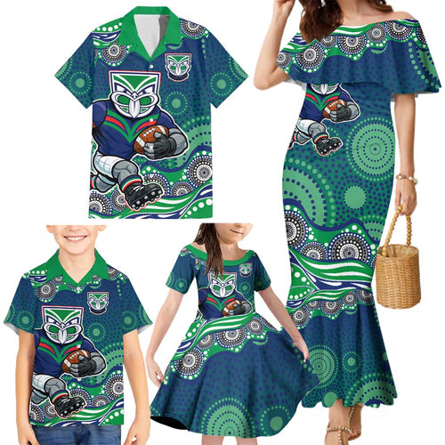 New Zealand Warriors Family Matching Mermaid Dress and Hawaiian Shirt Aboriginal Dot Pattern - Rugby Mascot Heritage Pride