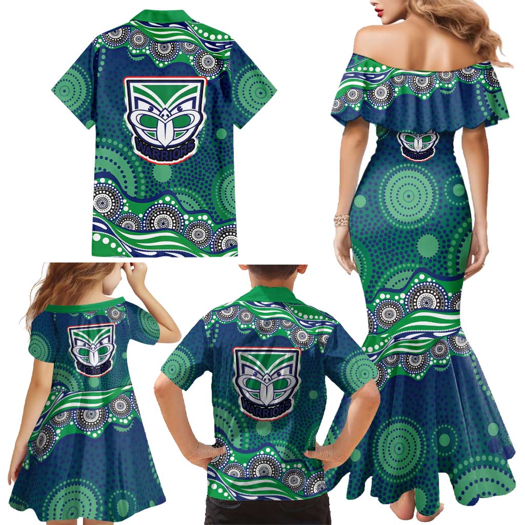 New Zealand Warriors Family Matching Mermaid Dress and Hawaiian Shirt Aboriginal Dot Pattern - Rugby Mascot Heritage Pride