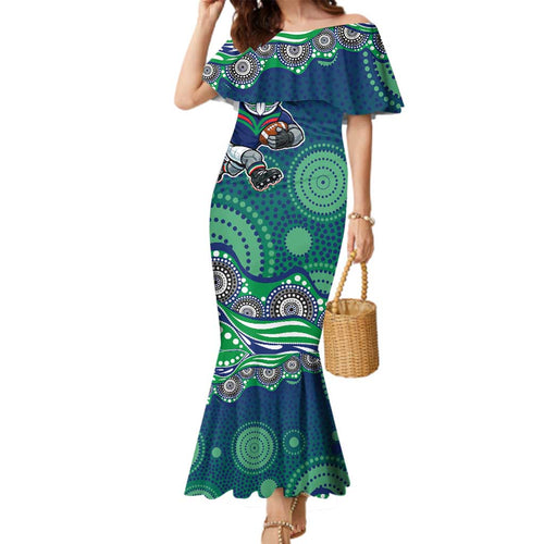 New Zealand Warriors Family Matching Mermaid Dress and Hawaiian Shirt Aboriginal Dot Pattern - Rugby Mascot Heritage Pride