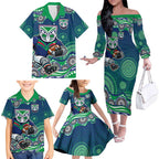 New Zealand Warriors Family Matching Off The Shoulder Long Sleeve Dress and Hawaiian Shirt Aboriginal Dot Pattern - Rugby Mascot Heritage Pride