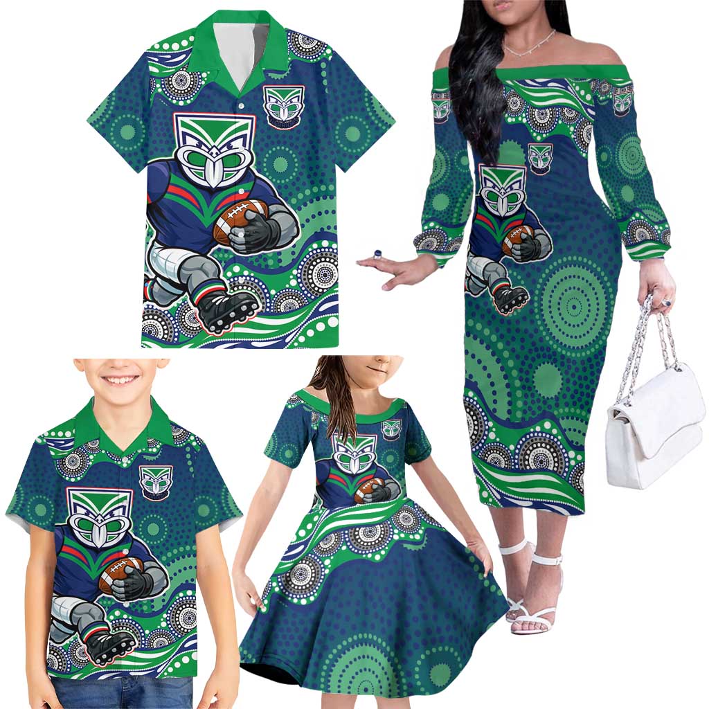 New Zealand Warriors Family Matching Off The Shoulder Long Sleeve Dress and Hawaiian Shirt Aboriginal Dot Pattern - Rugby Mascot Heritage Pride