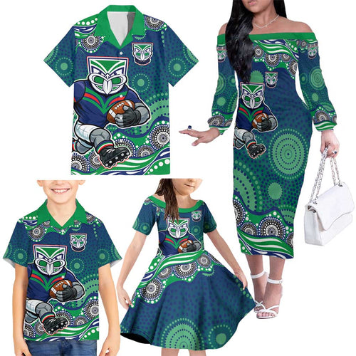 New Zealand Warriors Family Matching Off The Shoulder Long Sleeve Dress and Hawaiian Shirt Aboriginal Dot Pattern - Rugby Mascot Heritage Pride