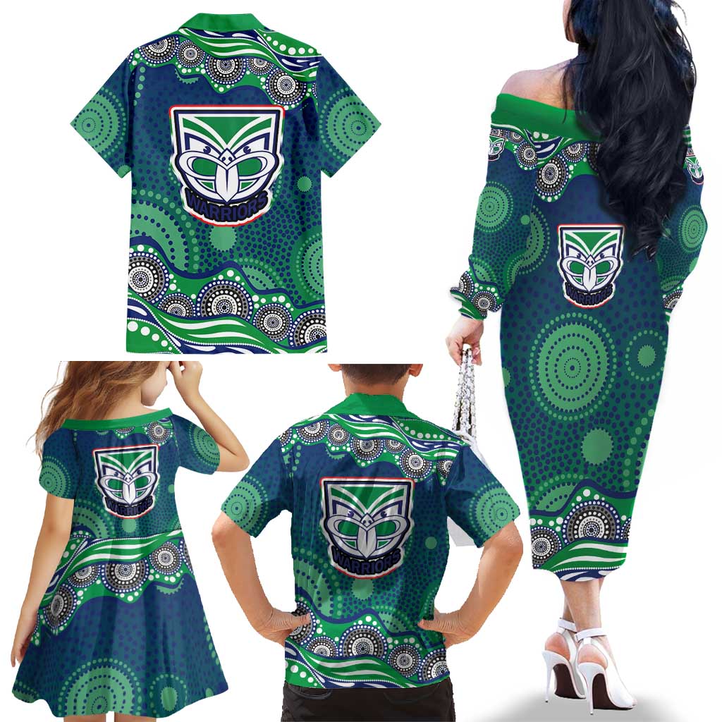 New Zealand Warriors Family Matching Off The Shoulder Long Sleeve Dress and Hawaiian Shirt Aboriginal Dot Pattern - Rugby Mascot Heritage Pride