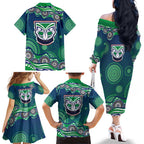 New Zealand Warriors Family Matching Off The Shoulder Long Sleeve Dress and Hawaiian Shirt Aboriginal Dot Pattern - Rugby Mascot Heritage Pride