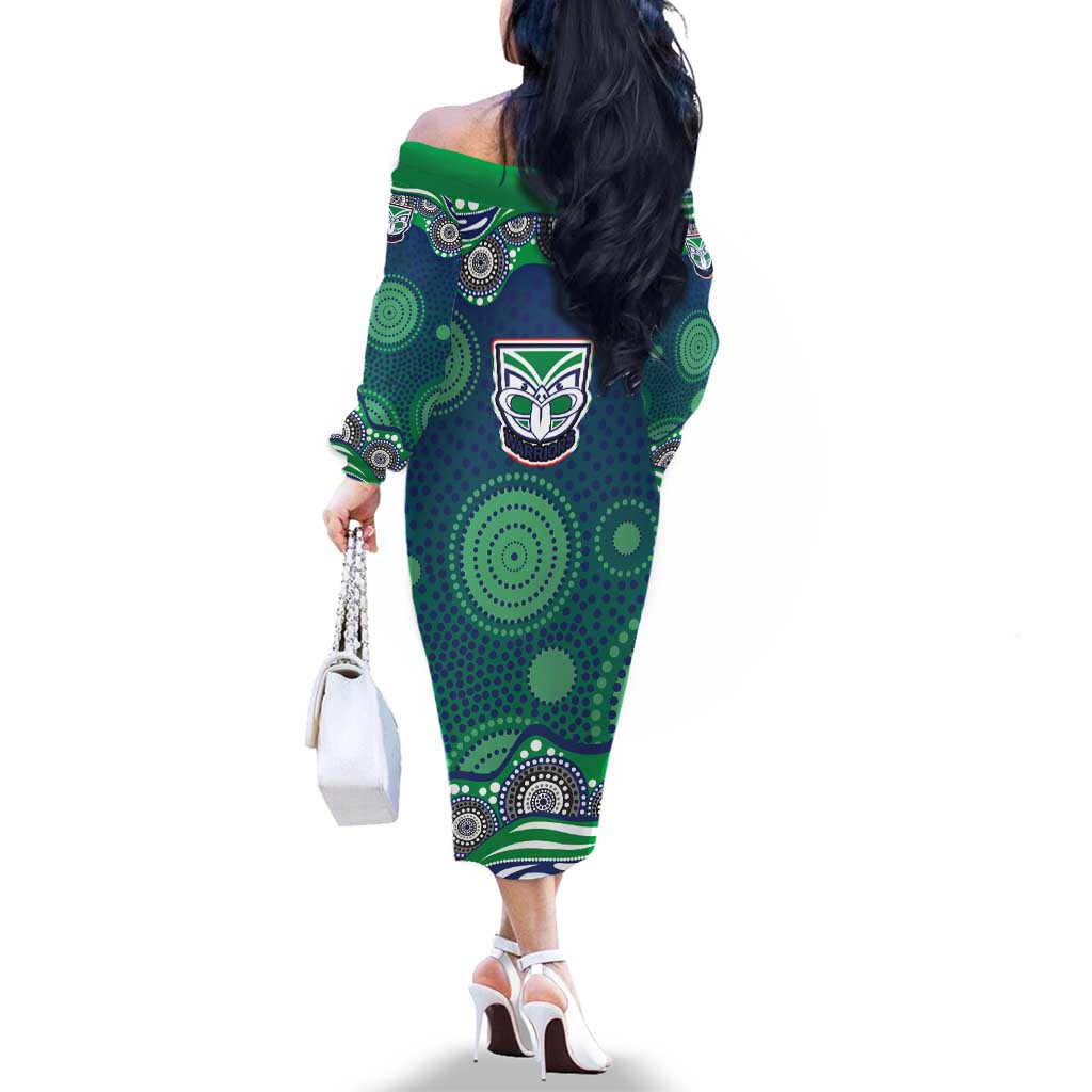 New Zealand Warriors Family Matching Off The Shoulder Long Sleeve Dress and Hawaiian Shirt Aboriginal Dot Pattern - Rugby Mascot Heritage Pride