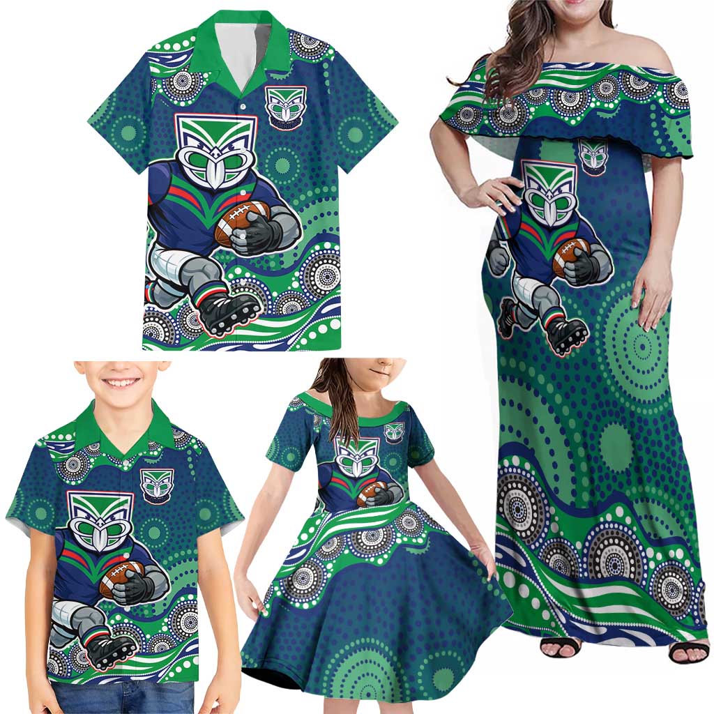 New Zealand Warriors Family Matching Off Shoulder Maxi Dress and Hawaiian Shirt Aboriginal Dot Pattern - Rugby Mascot Heritage Pride