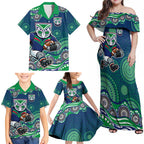 New Zealand Warriors Family Matching Off Shoulder Maxi Dress and Hawaiian Shirt Aboriginal Dot Pattern - Rugby Mascot Heritage Pride