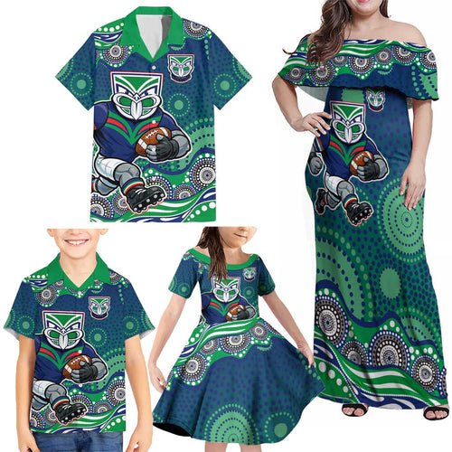 New Zealand Warriors Family Matching Off Shoulder Maxi Dress and Hawaiian Shirt Aboriginal Dot Pattern - Rugby Mascot Heritage Pride