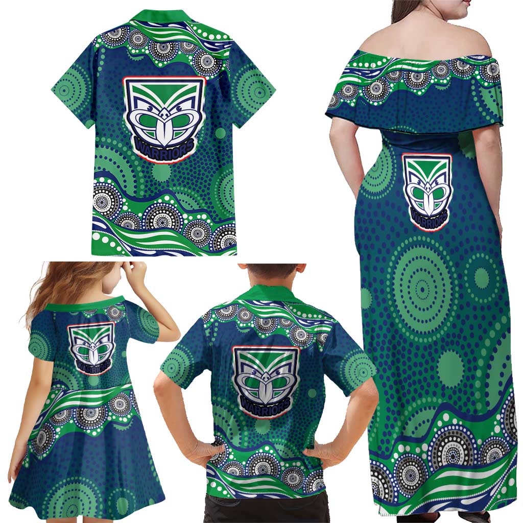 New Zealand Warriors Family Matching Off Shoulder Maxi Dress and Hawaiian Shirt Aboriginal Dot Pattern - Rugby Mascot Heritage Pride