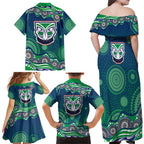 New Zealand Warriors Family Matching Off Shoulder Maxi Dress and Hawaiian Shirt Aboriginal Dot Pattern - Rugby Mascot Heritage Pride
