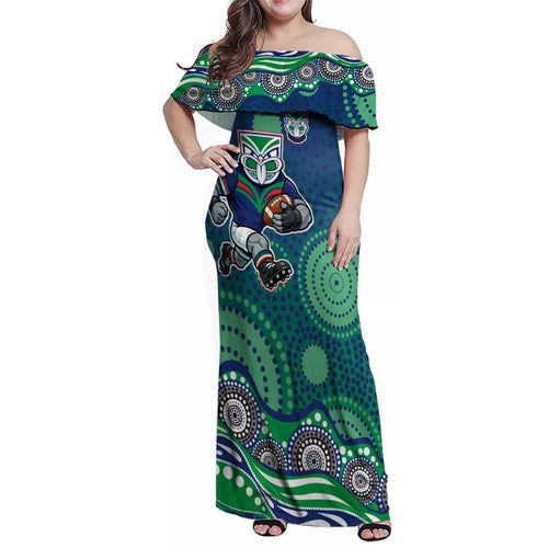 New Zealand Warriors Family Matching Off Shoulder Maxi Dress and Hawaiian Shirt Aboriginal Dot Pattern - Rugby Mascot Heritage Pride
