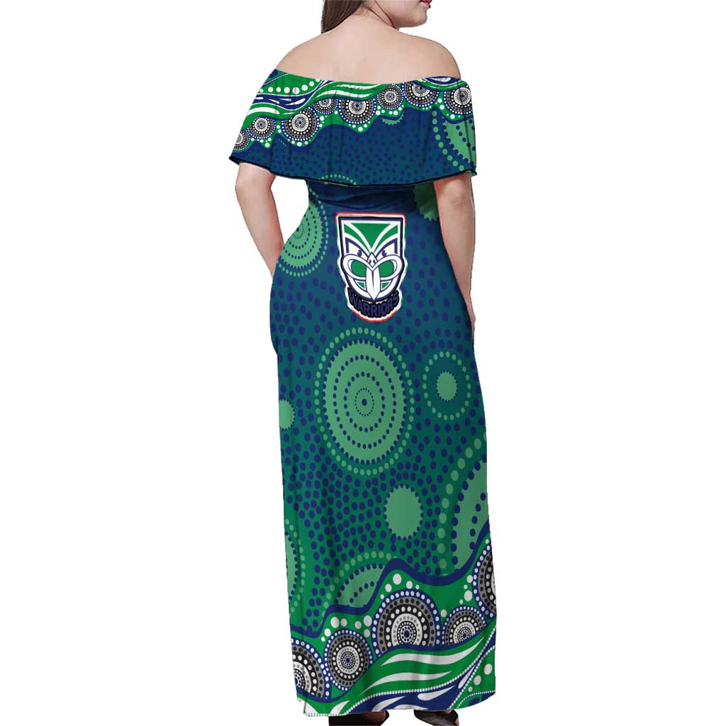 New Zealand Warriors Family Matching Off Shoulder Maxi Dress and Hawaiian Shirt Aboriginal Dot Pattern - Rugby Mascot Heritage Pride