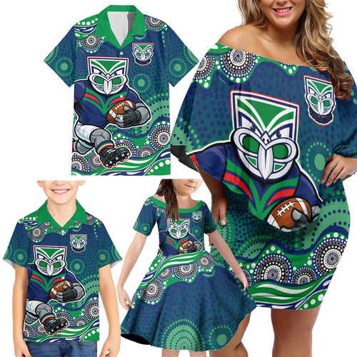 New Zealand Warriors Family Matching Off Shoulder Short Dress and Hawaiian Shirt Aboriginal Dot Pattern - Rugby Mascot Heritage Pride