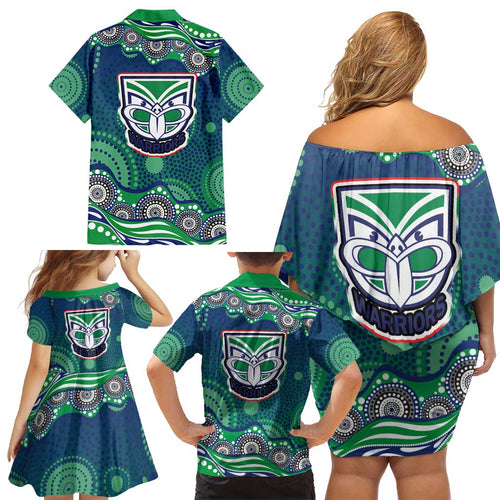 New Zealand Warriors Family Matching Off Shoulder Short Dress and Hawaiian Shirt Aboriginal Dot Pattern - Rugby Mascot Heritage Pride