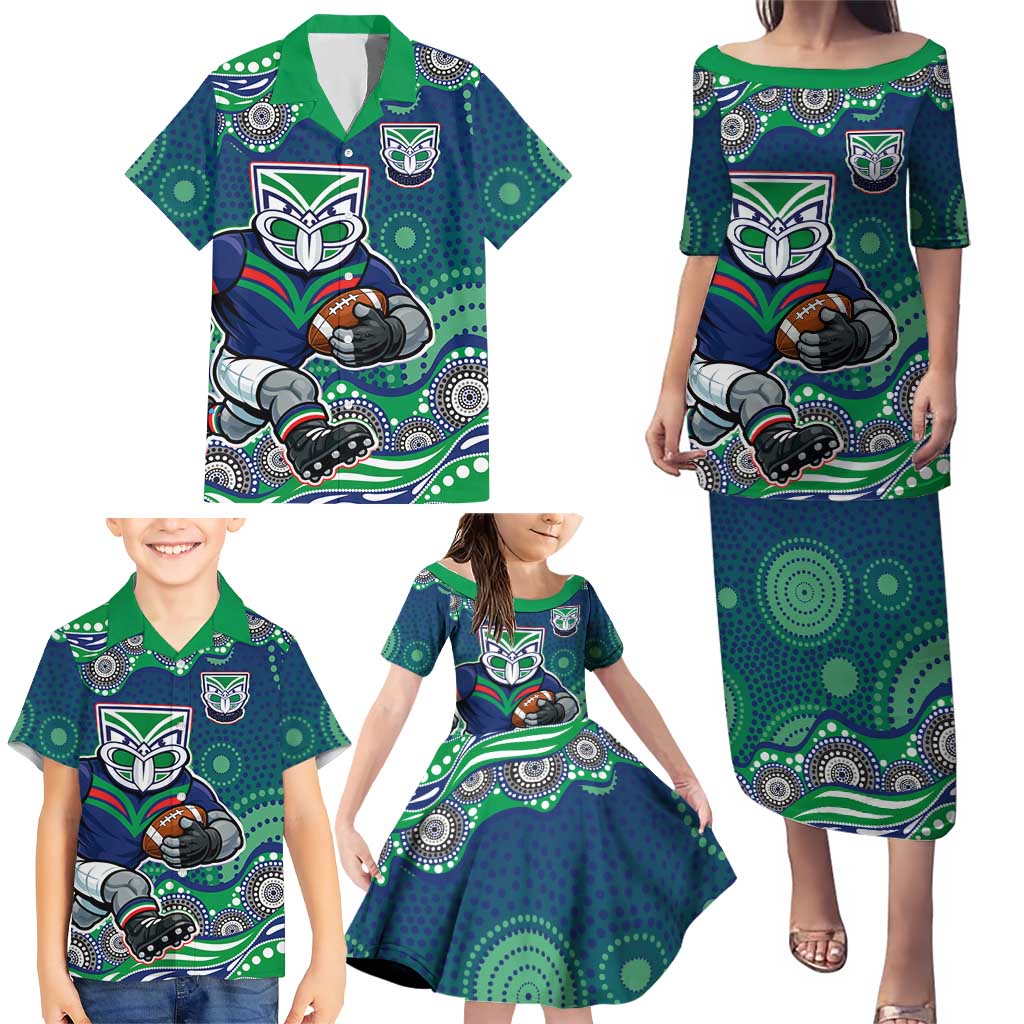 New Zealand Warriors Family Matching Puletasi and Hawaiian Shirt Aboriginal Dot Pattern - Rugby Mascot Heritage Pride