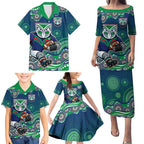 New Zealand Warriors Family Matching Puletasi and Hawaiian Shirt Aboriginal Dot Pattern - Rugby Mascot Heritage Pride