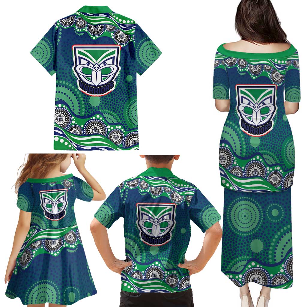 New Zealand Warriors Family Matching Puletasi and Hawaiian Shirt Aboriginal Dot Pattern - Rugby Mascot Heritage Pride
