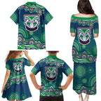 New Zealand Warriors Family Matching Puletasi and Hawaiian Shirt Aboriginal Dot Pattern - Rugby Mascot Heritage Pride