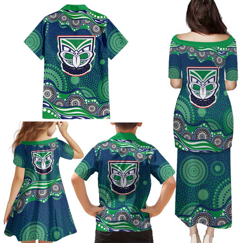 New Zealand Warriors Family Matching Puletasi and Hawaiian Shirt Aboriginal Dot Pattern - Rugby Mascot Heritage Pride