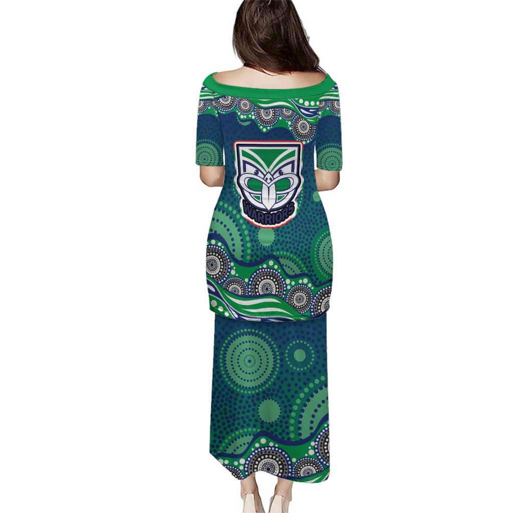 New Zealand Warriors Family Matching Puletasi and Hawaiian Shirt Aboriginal Dot Pattern - Rugby Mascot Heritage Pride