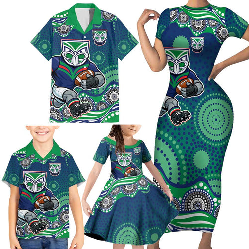 New Zealand Warriors Family Matching Short Sleeve Bodycon Dress and Hawaiian Shirt Aboriginal Dot Pattern - Rugby Mascot Heritage Pride