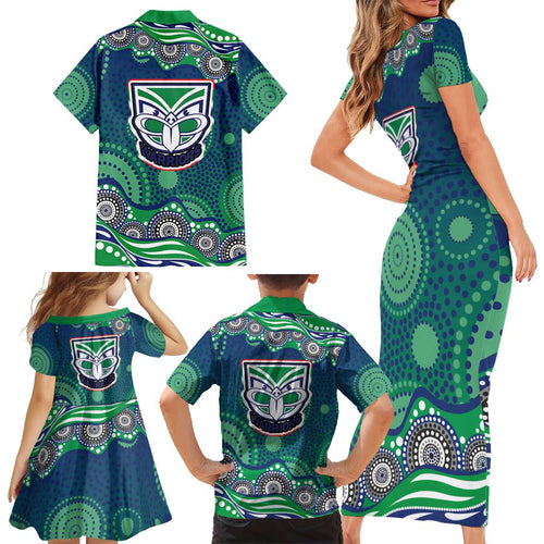 New Zealand Warriors Family Matching Short Sleeve Bodycon Dress and Hawaiian Shirt Aboriginal Dot Pattern - Rugby Mascot Heritage Pride