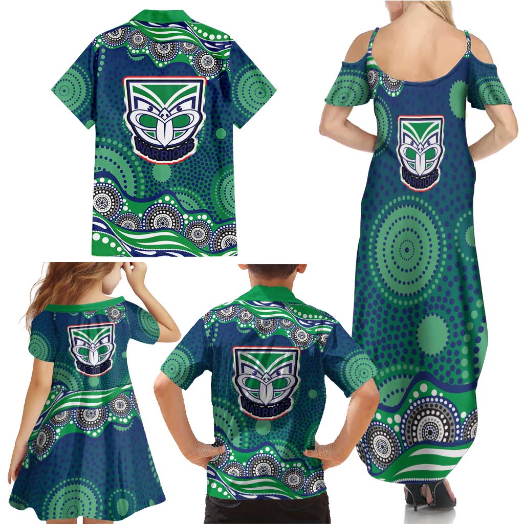 New Zealand Warriors Family Matching Summer Maxi Dress and Hawaiian Shirt Aboriginal Dot Pattern - Rugby Mascot Heritage Pride