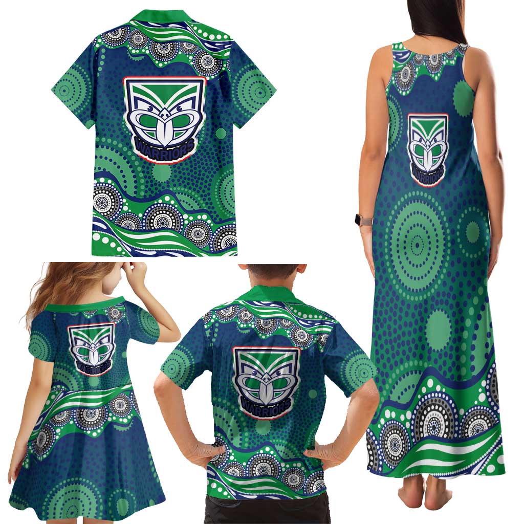 New Zealand Warriors Family Matching Tank Maxi Dress and Hawaiian Shirt Aboriginal Dot Pattern - Rugby Mascot Heritage Pride