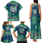 New Zealand Warriors Family Matching Tank Maxi Dress and Hawaiian Shirt Aboriginal Dot Pattern - Rugby Mascot Heritage Pride