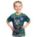 New Zealand Warriors Kid T Shirt Aboriginal Dot Pattern - Rugby Mascot Heritage Pride