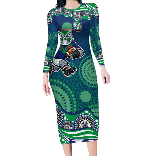 New Zealand Warriors Long Sleeve Bodycon Dress Aboriginal Dot Pattern - Rugby Mascot Heritage Pride