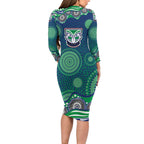New Zealand Warriors Long Sleeve Bodycon Dress Aboriginal Dot Pattern - Rugby Mascot Heritage Pride