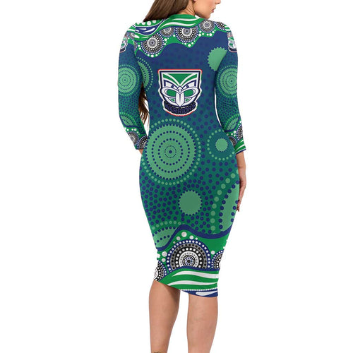 New Zealand Warriors Long Sleeve Bodycon Dress Aboriginal Dot Pattern - Rugby Mascot Heritage Pride