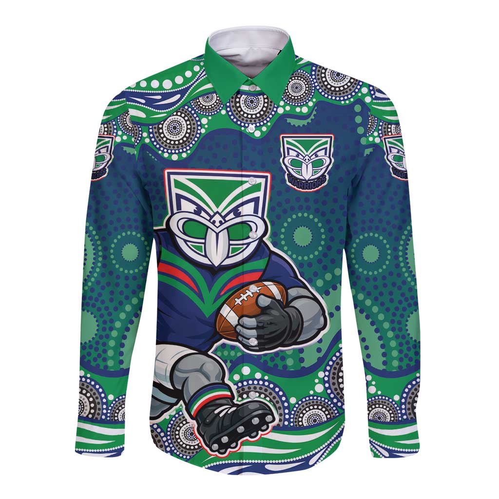 New Zealand Warriors Long Sleeve Button Shirt Aboriginal Dot Pattern - Rugby Mascot Heritage Pride