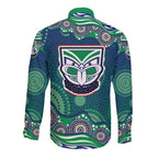New Zealand Warriors Long Sleeve Button Shirt Aboriginal Dot Pattern - Rugby Mascot Heritage Pride