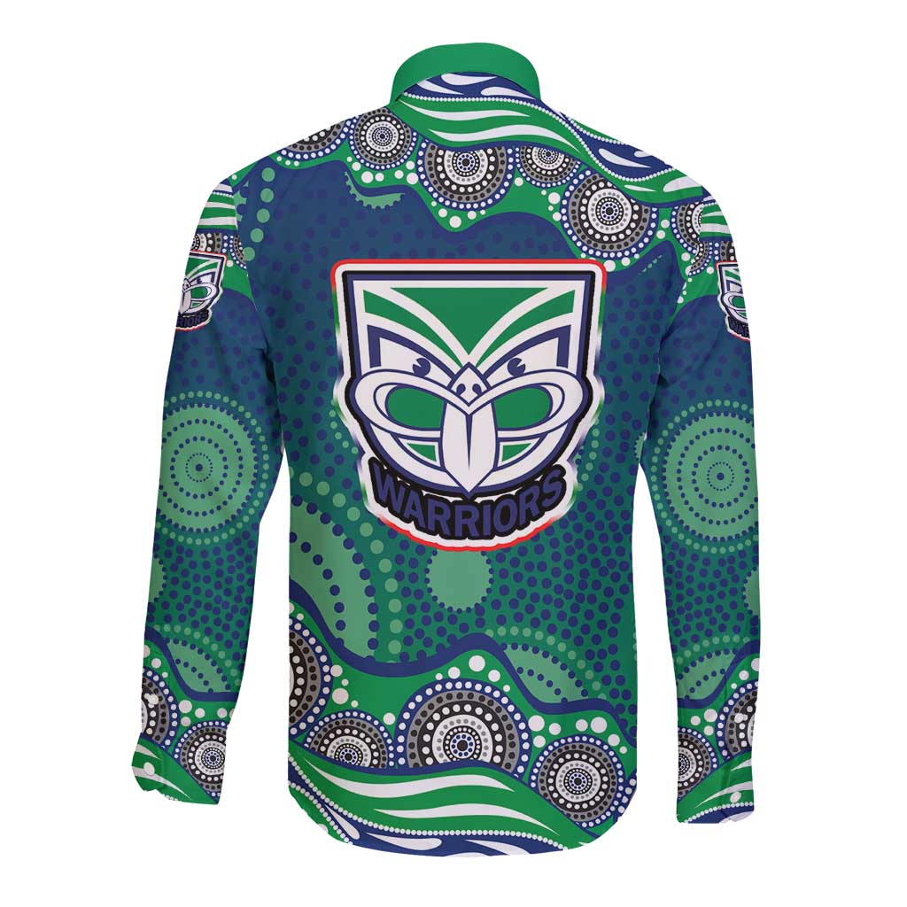 New Zealand Warriors Long Sleeve Button Shirt Aboriginal Dot Pattern - Rugby Mascot Heritage Pride