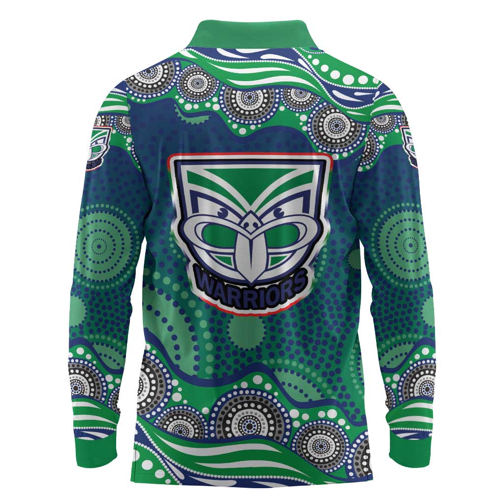 New Zealand Warriors Long Sleeve Polo Shirt Aboriginal Dot Pattern - Rugby Mascot Heritage Pride