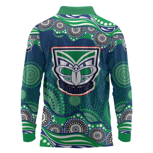 New Zealand Warriors Long Sleeve Polo Shirt Aboriginal Dot Pattern - Rugby Mascot Heritage Pride