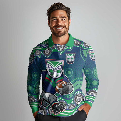 New Zealand Warriors Long Sleeve Polo Shirt Aboriginal Dot Pattern - Rugby Mascot Heritage Pride