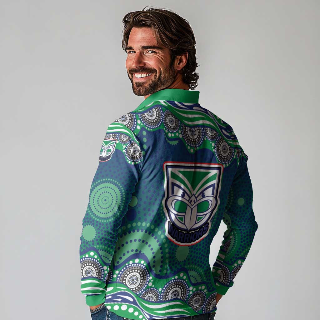 New Zealand Warriors Long Sleeve Polo Shirt Aboriginal Dot Pattern - Rugby Mascot Heritage Pride