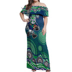 New Zealand Warriors Off Shoulder Maxi Dress Aboriginal Dot Pattern - Rugby Mascot Heritage Pride