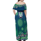 New Zealand Warriors Off Shoulder Maxi Dress Aboriginal Dot Pattern - Rugby Mascot Heritage Pride