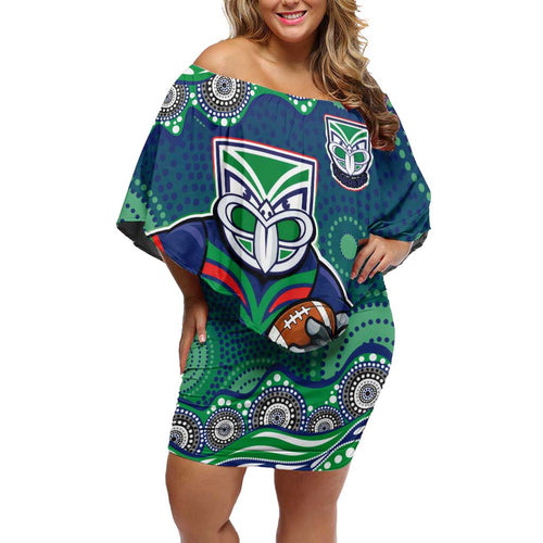 New Zealand Warriors Off Shoulder Short Dress Aboriginal Dot Pattern - Rugby Mascot Heritage Pride