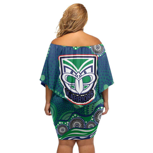 New Zealand Warriors Off Shoulder Short Dress Aboriginal Dot Pattern - Rugby Mascot Heritage Pride