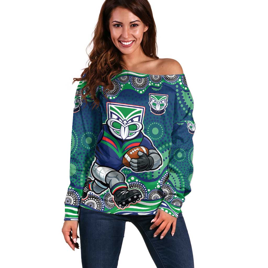 New Zealand Warriors Off Shoulder Sweater Aboriginal Dot Pattern - Rugby Mascot Heritage Pride