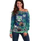 New Zealand Warriors Off Shoulder Sweater Aboriginal Dot Pattern - Rugby Mascot Heritage Pride