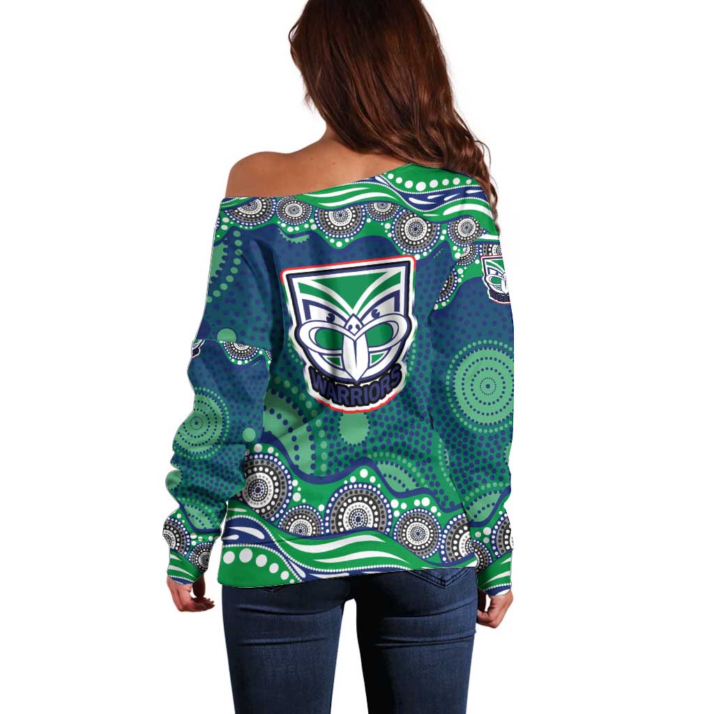 New Zealand Warriors Off Shoulder Sweater Aboriginal Dot Pattern - Rugby Mascot Heritage Pride